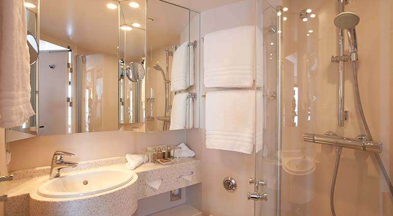 Interior of a bathroom on the Viking Legend and Prestige ships.